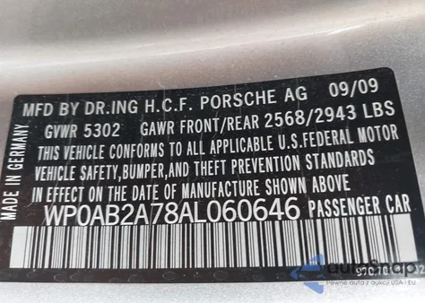 2010 Porsche Panamera S из США, поврежденный, VIN WP0AB2A78AL060646